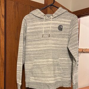 Carhartt Men's Gray and White Striped Hoodie Sweater